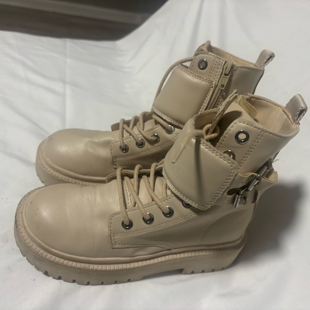 Beige Combat Lace-Up Ankle Boots